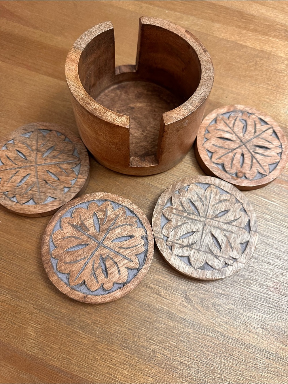Handcarved Wooden Coaster Set with Holder - Natural Brown
